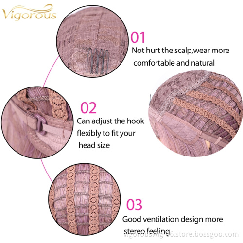 Vigorous Short Straight Bob Bang Wigs for Women Synthetic Pink/Black 12 Inch Cosplay Middle Division Hair Natural Looking